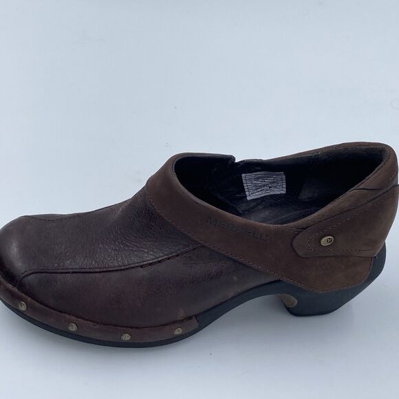 Merrell Luxe Wrap Brown Leather Slip On Studded Wedge Clogs Shoes Womens 7 - Picture 8 of 13